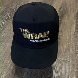 Vintage Winston Cigarette Snapback Hat Black Gold Nylon Trucker Promo Logo Ad